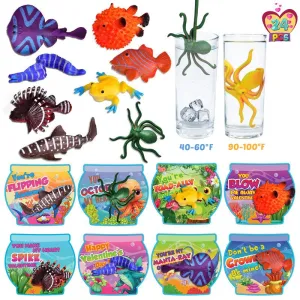 24PCS Kids Valentine'S Color-Changing Sea Animal Toys with Greeting Cards for Valentine Classroom Exchange