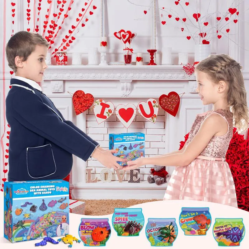 24PCS Kids Valentine'S Color-Changing Sea Animal Toys with Greeting Cards for Valentine Classroom Exchange