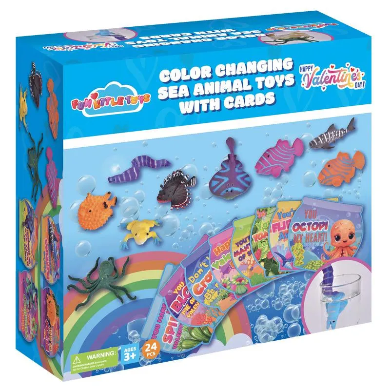 24PCS Kids Valentine'S Color-Changing Sea Animal Toys with Greeting Cards for Valentine Classroom Exchange