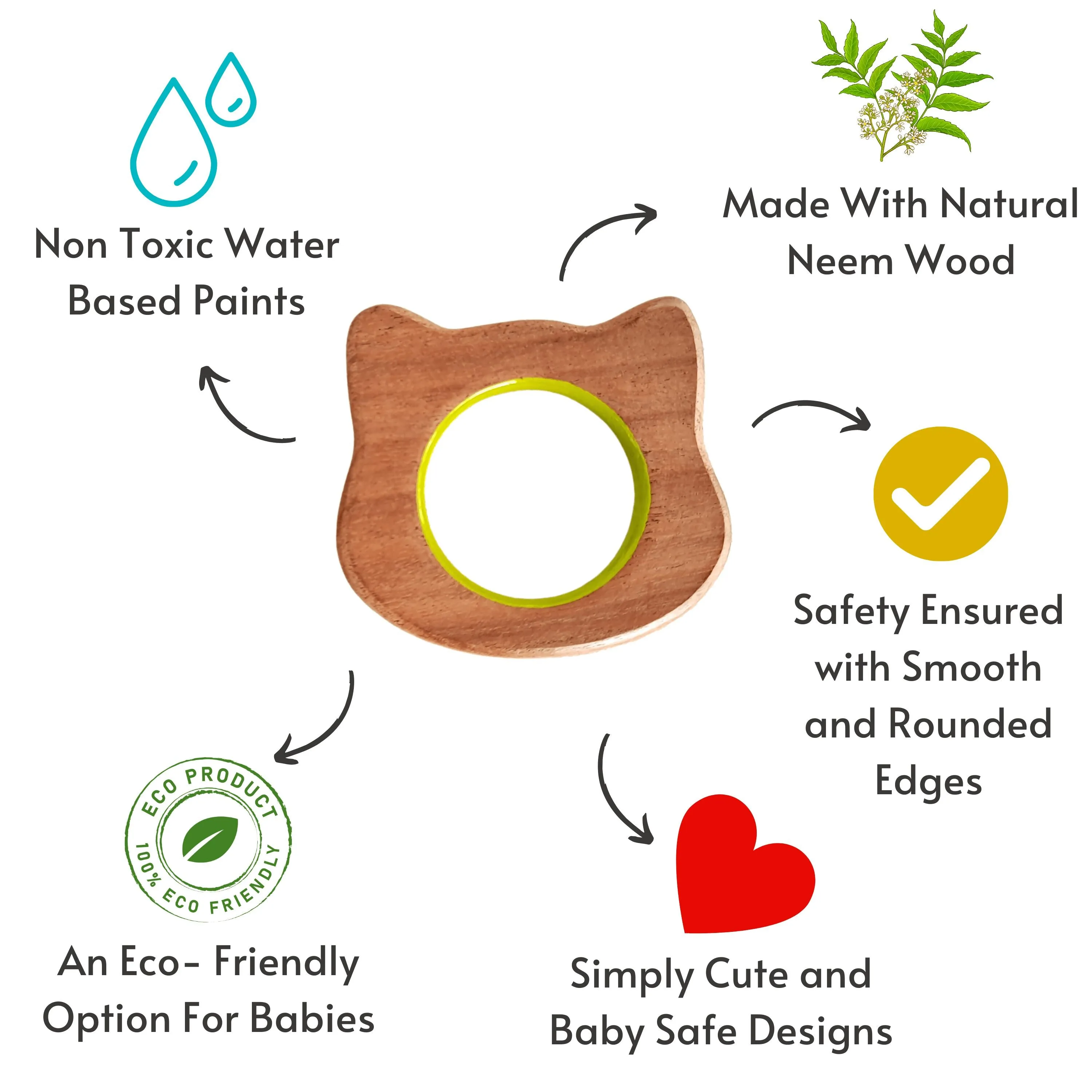 BABYCOV Cute Mouse and Cat Natural Neem Wood Teethers for Babies | Natural and Safe | Goodness of Organic Neem Wood | Both Chewing and Grasping Toy | Set of 2 (Age 4  Months)