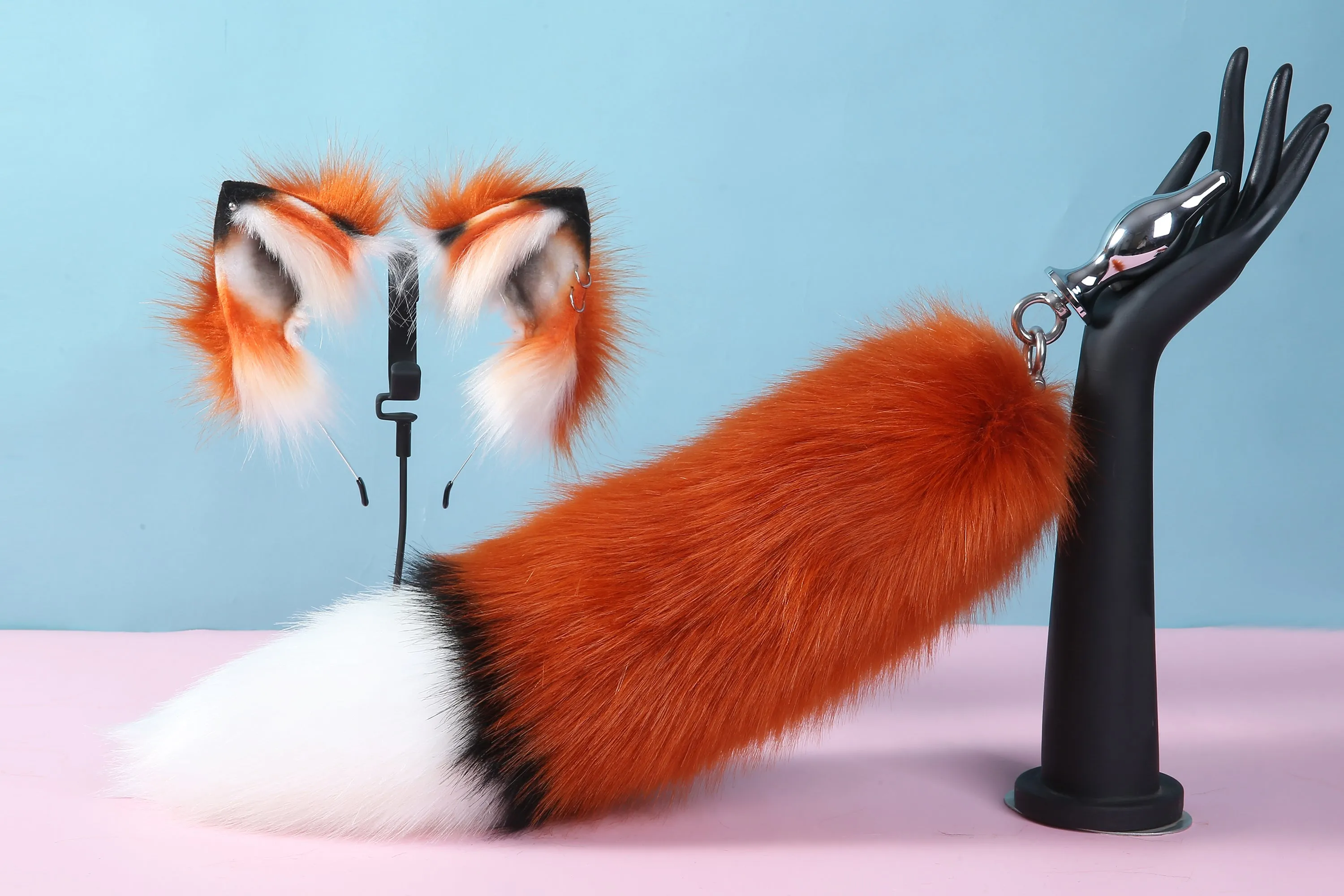 fluffy tug tail plug and ear set red fox ear and tail butt plug set wolf tail buttplug  and ear cat tail petplay sex toy bdsm mature