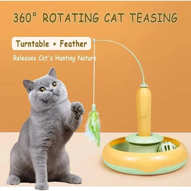 Interactive Feather Cat Toy with 360° Rotating Turntable for Indoor Cats