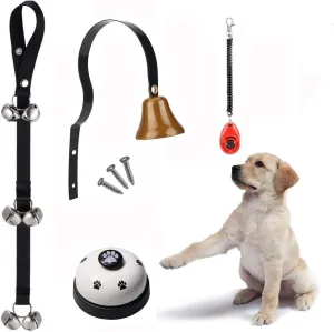 New 4 Pc Dog Doorbell, EYLEER Pet Dog Cat Hanging Door Bells  Dog Brass Doorbell   Pet Press Bell   Dog Training Clicker Training Kit Set for Pet Dog Cat Potty Training Outside and More