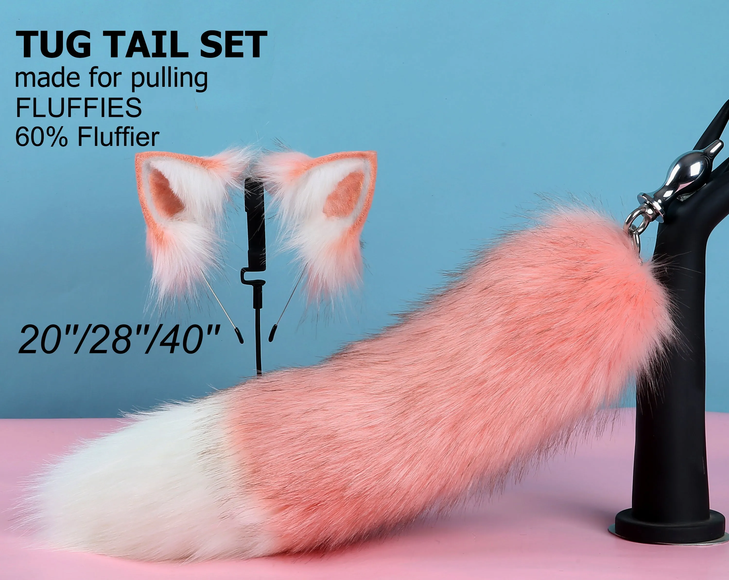 pink white tug tail plug and ear set fluffy fox tail butt plug and ear set wolf tail buttplug sex toy bdsm cat tail bondage petplay