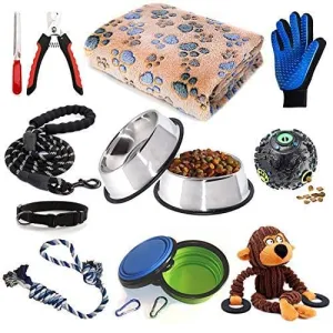 Puppy Starter Kit,12 Piece Dog Supplies Assortments,Set Includes:Dog Toys | Dog Bed Blankets | Puppy Training Supplies | Dog Grooming Tool | Dog Leashes Accessories | Feeding & Watering Supplies