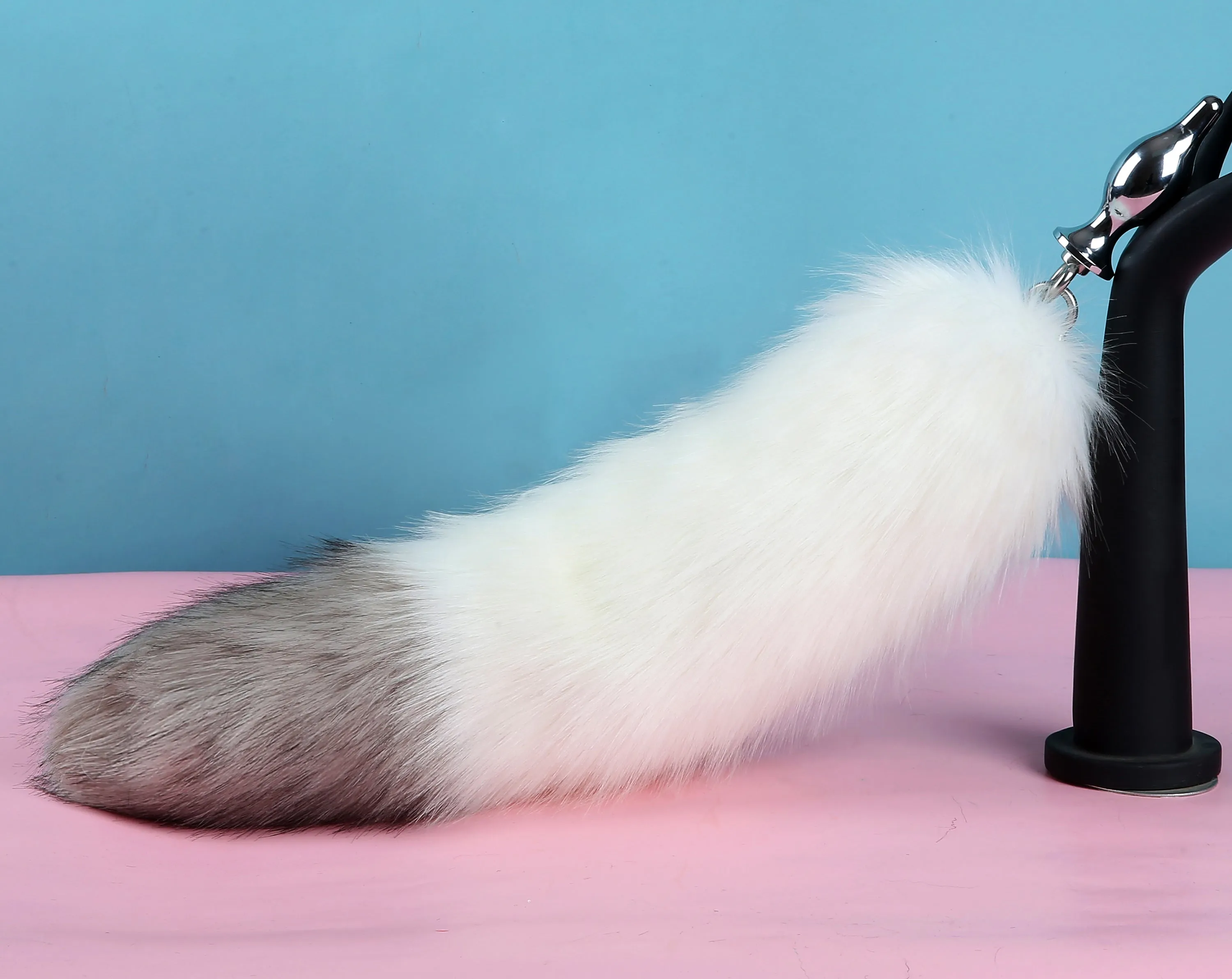 white gray tug tail plug and ear set fluffy fox tail butt plug and ear set wolf tail buttplug sex toy bdsm cat tail bondage petplay